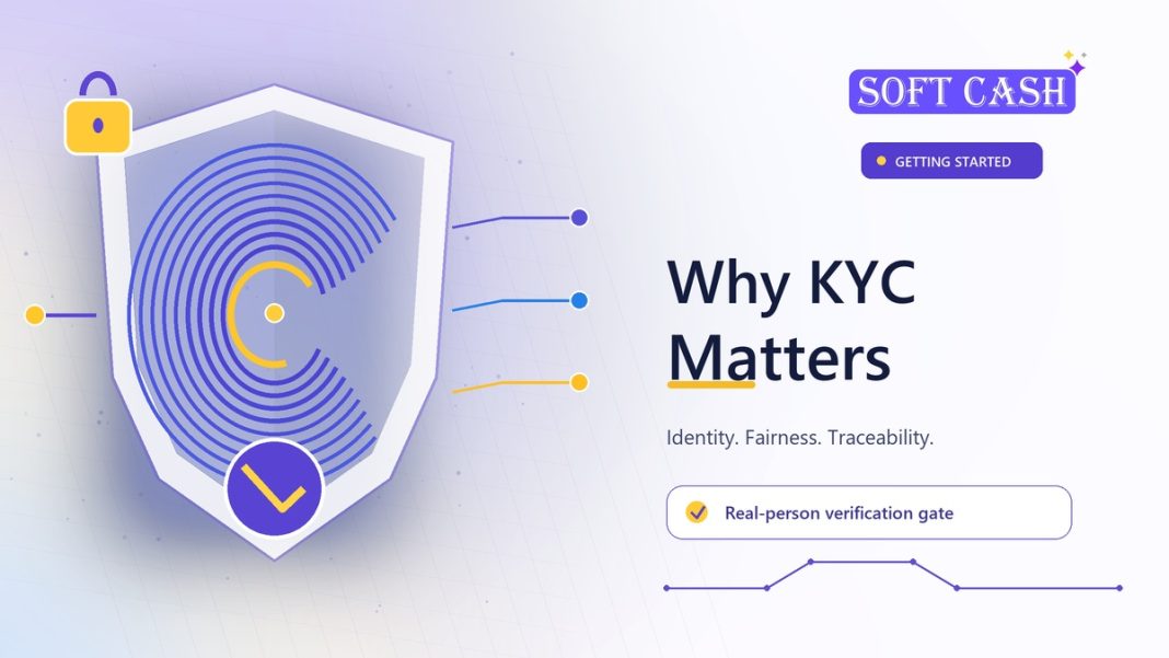 Why Soft Cash Finance Requires KYC Verification Layered privacy shield and biometric fingerprint gate illustrating KYC verification on Soft Cash Finance