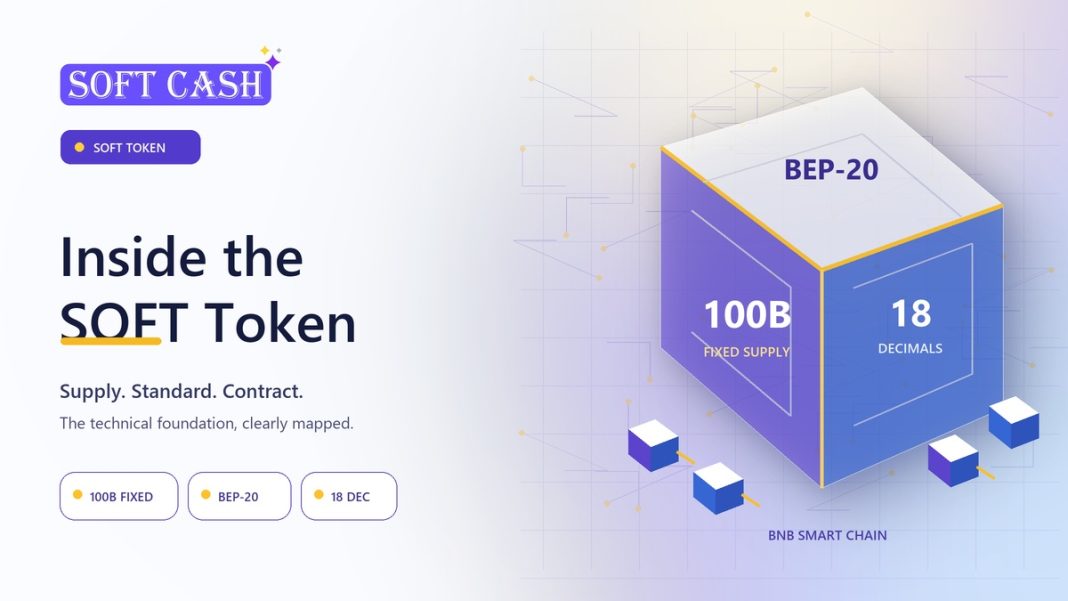 SOFT Token Explained: Supply, Standard, and Smart Contract Basics Transparent SOFT token specification prism showing BEP-20, 100 billion fixed supply, and 18 decimals on BNB Smart Chain