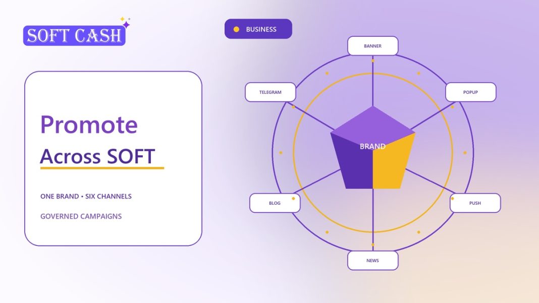 A luminous brand prism broadcasting through six connected promotion channels across the SOFT ecosystem