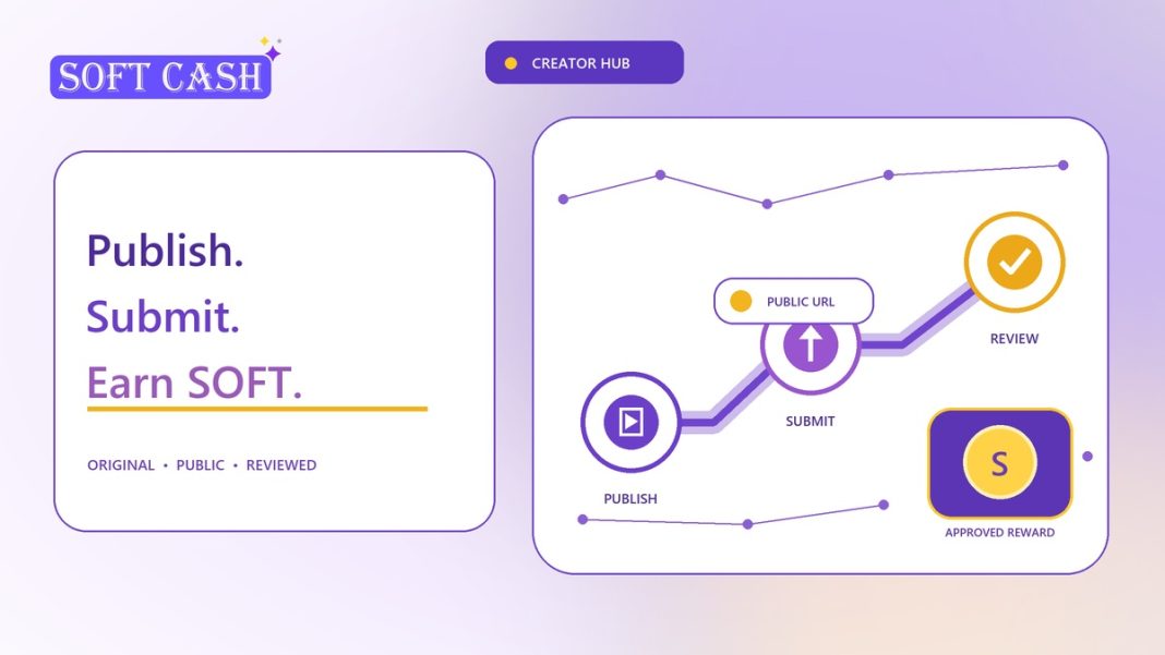A creator content capsule moving through publish, submit, and review stages toward an approved SOFT reward