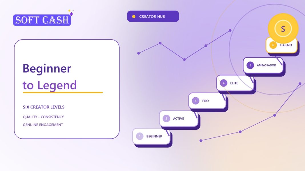 Creator Levels Explained: From Beginner to Legend Creator Six illuminated Creator Level steps rising from Beginner to Legend around a golden SOFT beacon