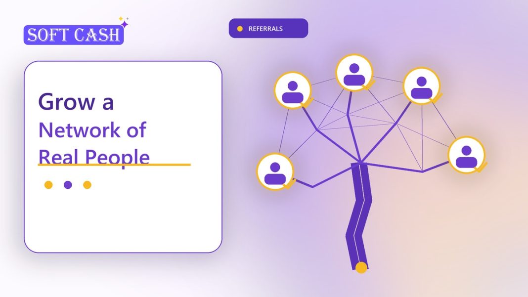 How to Build a Genuine Referral Network on Soft Cash Finance A luminous referral tree connecting verified people in a light purple and gold Soft Cash network
