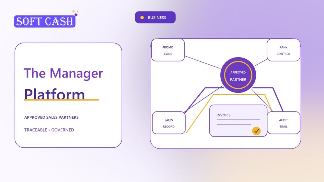 What Is the Soft Cash Finance Manager Platform? A premium glass command bridge linking approved sales, promo codes, invoices, ranks, and audit records in the SOFT ecosystem