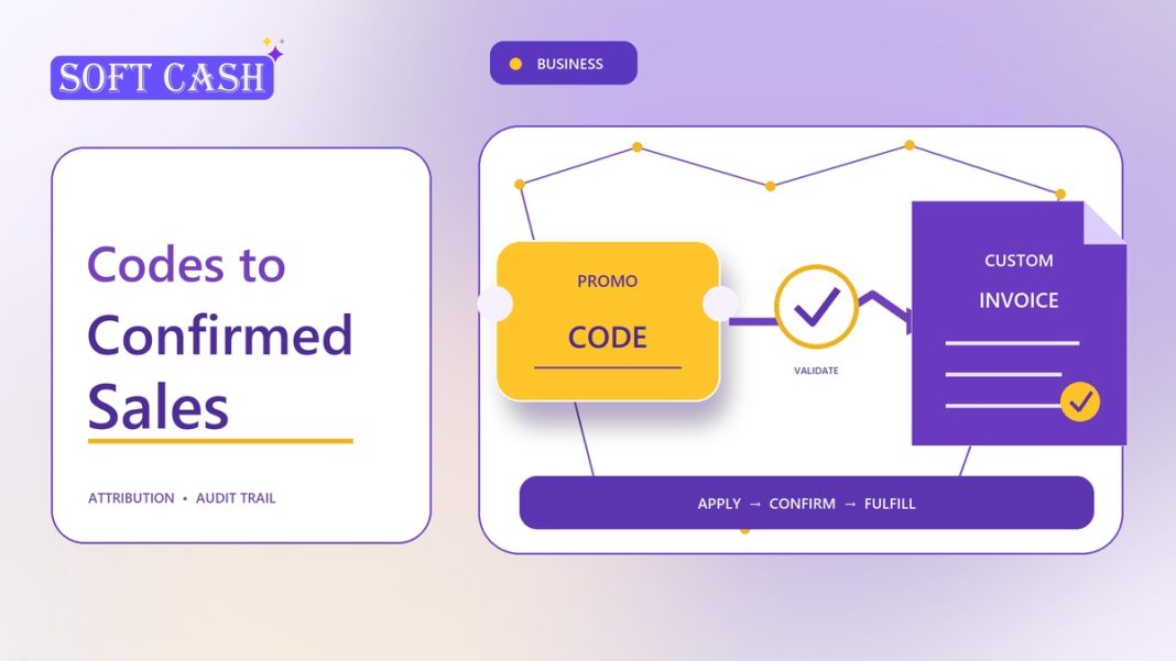 How Promo Codes and Custom Invoices Work for Managers A gold promo-code ticket flowing through a verified connector into a purple custom invoice document for SOFT managers