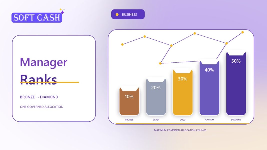 Five ascending premium pillars showing Bronze, Silver, Gold, Platinum, and Diamond manager allocation ceilings in the SOFT ecosystem