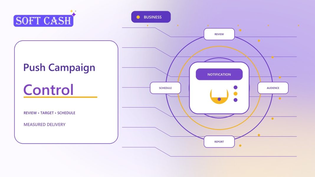How Push Notification Campaigns Work on Soft Cash Finance A luminous notification capsule moving through review, audience, schedule, and reporting control rings in the SOFT ecosystem